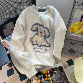 Хлопковый свитер оверсайз для женщин на осень и зиму с мягкой подкладкой, без шапки, свободный теплый топ, утолщенный повседневный универсальный топ с круглым вырезом M