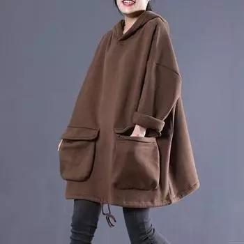 Хлопковый свитер оверсайз с капюшоном, женский осенний свитер с большими карманами, свободные удобные универсальные топы, однотонный свитер One Size коричневый