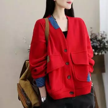 Хлопковый свитер с длинными рукавами, женская осенне-весенняя свободная куртка большого размера, повседневный кардиган с v-образным вырезом, верхняя одежда, топы M чёрный