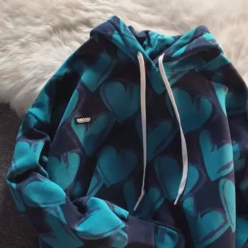 Хлопковый свитер с капюшоном, большие карманы, свободная и удобная куртка с принтом Love, спортивная повседневная универсальная куртка S чёрный