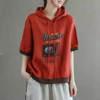 Хлопковый свитер с короткими рукавами, женский летний тонкий свободный топ с капюшоном и короткими рукавами, повседневная удобная футболка