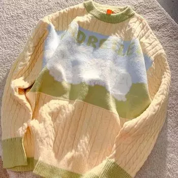 Хлопковый свитер, женский осенне-зимний милый свитер с круглым вырезом, удобный свободный вязаный топ, эластичный теплый повседневный пуловер, свитер S синий