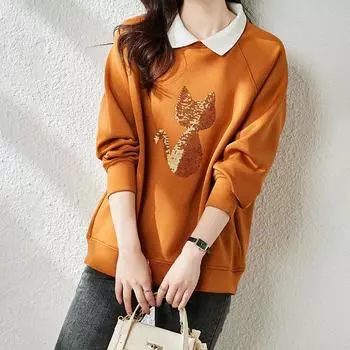 Хлопковый свитшот женский осенне-зимний, большой размер, рубашка с кошачьими пайетками, свободная нижняя рубашка, желтый удобный пуловер, верх M