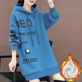 Хлопковый свитшот, женский осенне-зимний утолщенный бархат с капюшоном, свободный удобный топ большого размера M синий