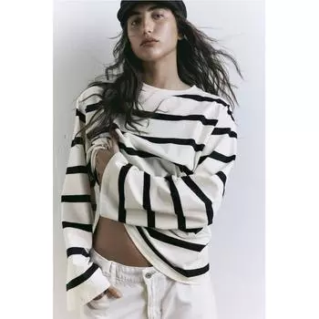 Хлопковый топ HM Oversized кремового цвета в черную полоску