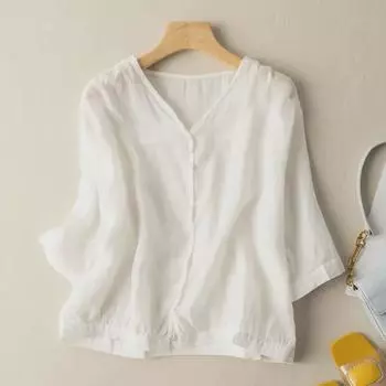 Хлопковый топ в стиле ретро с V-образным вырезом: Легкая рубашка с рукавом 3/4 для весны и лета — доступны большие размеры M 85-105 lbs оранжевый