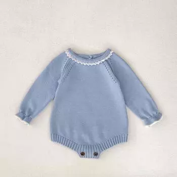 Хлопковый вязаный ромпер-боди с длинным рукавом и кружевным воротником для младенца девочки, осень 2025 100 cm