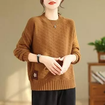 Хлопковый вязаный свитер Свободный Весна Осень Повседневный Круглый вырез Свитера Пуловеры и Длинные рукава (Женский) one size чёрный