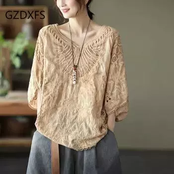 Хлопковый зарубежный стиль, кружевной топ с v-образным вырезом и вышивкой, женская свободная большая солнцезащитная блузка, праздничный стиль снаружи onesize
