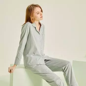 Хлопковый женский пижамный комплект, осенняя ночная рубашка с длинным рукавом, домашняя одежда, повседневный однотонный женский кардиган, брюки, двухкомпонентная пижама S