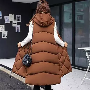 Хлопковый жилет, длинный срез, новинка 2023 года, женский осенне-зимний пуховый хлопковый жилет без рукавов с капюшоном, корейская версия хлопкового жилета M чёрный