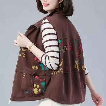 Хлопковый жилет для женщин Жилет без рукавов Жилет большого размера с принтом Универсальный повседневный жилет с принтом S чёрный