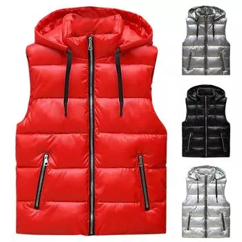 Хлопковый жилет, мужской осенне-зимний утолщенный теплый жилет с капюшоном, цветной жилет с вышивкой L чёрный