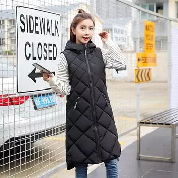 Хлопковый жилет. Новый длинный женский осенне-зимний жилет без рукавов с капюшоном. M
