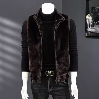 Хлопковый жилет осенне-зимний плюшевый жилет зеленый мех трава пара стойка воротник жилет мужской плюшевый кардиган жилет M (60-42.5 kg) темно-коричневого