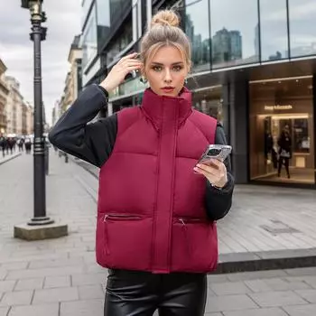 Хлопковый жилет женский 2024 года осень-зима новый корейский вариант утолщенный воротник-стойка теплый безрукавный хлопковый жилет жилет для улицы куртка M белый