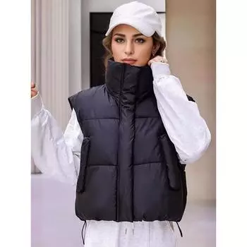 Хлопковый жилет женский 2024 осень и зима новый короткий воротник стойка утолщенный свободный без рукавов пуховик хлопковый жилет куртка прилив M [Recommended below 50 kg] чёрный