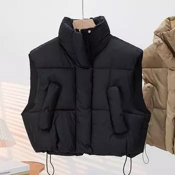 Хлопковый жилет женский 2024 осень-зима новый воротник-стойка утолщенный свободный короткий жилет без рукавов из хлопка Xiaoxiangfeng куртка прилив M