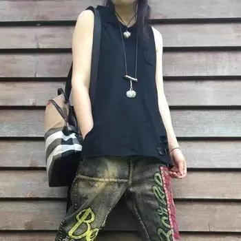 Хлопковый жилет женский летний стиль с карманным принтом свободный белый повседневный топ с длинными рукавами Y2k S белый