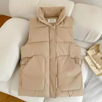 Хлопковый жилет женский, новый, осенне-зимний, воротник-стойка, свободная одежда без рукавов, хлопковый жилет через плечо, зажим для лошади, прилив M чёрный