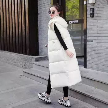 Хлопковый жилет женский осенне-зимний новый длинный с капюшоном выше колена свободный и утолщенный безрукавный пиджак с застежкой-молнией M чёрный