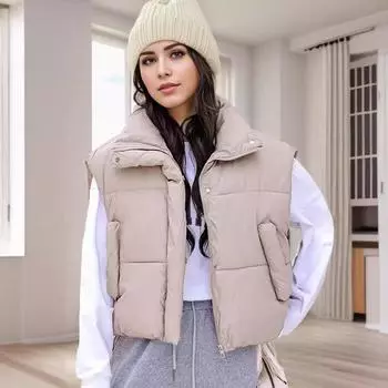 Хлопковый жилет женский осенне-зимний новый воротник-стойка утолщенный свободный короткий безрукавный хлопковый жилет куртка модный M чёрный