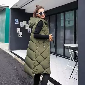 Хлопковый жилет, женский осенне-зимний утолщенный теплый жилет с капюшоном, длинный свободный жилет без рукавов, удобный ветрозащитный жилет M чёрный