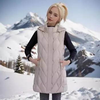 Хлопковый жилет женский, средней и длинной длины, шапка, средней и длинной длины, модный тонкий хлопковый жилет, куртка XL [Recommended below 50 kg] чёрный