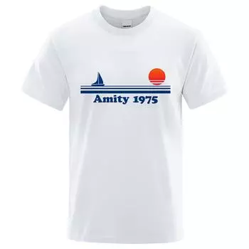 хлопок Amity 1975 - Челюсти ретро принт футболка мужская креативная спортивная одежда модная футболка футболки дышащие хлопковые футболки мужские S чёрный