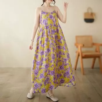 Хлопок без рукавов на бретельках больших размеров, новые винтажные платья с цветочным принтом для женщин, повседневное свободное длинное летнее платье M
