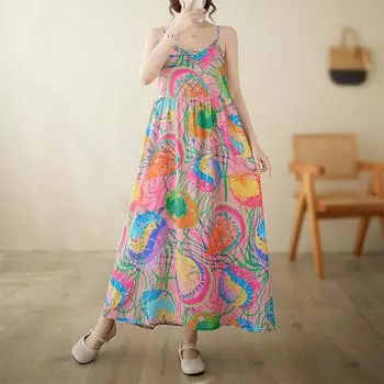 Хлопок без рукавов на бретельках больших размеров, новые винтажные платья с цветочным принтом для женщин, повседневное свободное длинное летнее платье M