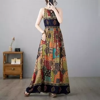 Хлопок без рукавов на бретельках больших размеров, новые винтажные платья с цветочным принтом для женщин, повседневное свободное длинное летнее платье макси S красный