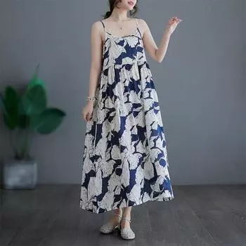 Хлопок без рукавов на бретельках больших размеров, новые винтажные платья с цветочным принтом для женщин, повседневное свободное длинное летнее платье M