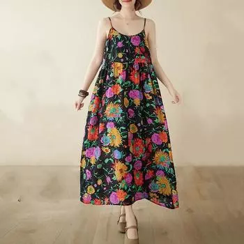 Хлопок без рукавов на бретельках больших размеров, новые винтажные платья с цветочным принтом для женщин, повседневное свободное длинное летнее платье M
