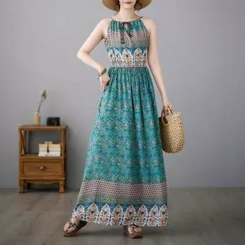 Хлопок без рукавов на бретельках больших размеров, новые винтажные платья с цветочным принтом для женщин, повседневное свободное длинное летнее платье макси S