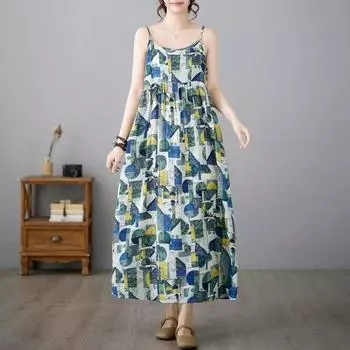 Хлопок без рукавов на бретельках больших размеров, новые винтажные платья с цветочным принтом для женщин, повседневное свободное длинное летнее платье M синий