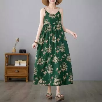 Хлопок без рукавов на бретельках больших размеров, новые винтажные платья с цветочным принтом для женщин, повседневное свободное длинное летнее платье M зелёный