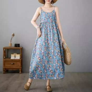 Хлопок без рукавов на бретельках больших размеров, новые винтажные платья с цветочным принтом для женщин, повседневное свободное длинное летнее платье M синий