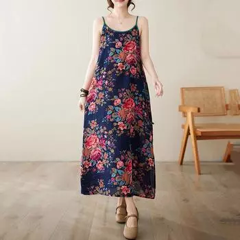 Хлопок без рукавов на бретельках больших размеров, новые винтажные платья с цветочным принтом для женщин, повседневное свободное длинное летнее платье M темно-синий