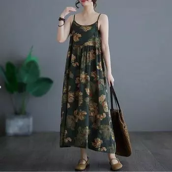 Хлопок без рукавов на бретельках больших размеров, новые винтажные платья с цветочным принтом для женщин, повседневное свободное длинное летнее платье L