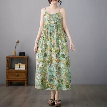 Хлопок без рукавов на бретельках больших размеров, новые винтажные платья с цветочным принтом для женщин, повседневное свободное длинное летнее платье
