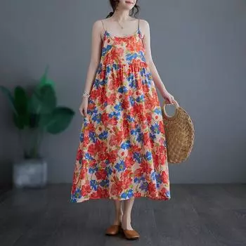 Хлопок без рукавов на бретельках больших размеров, новые винтажные платья с цветочным принтом для женщин, повседневное свободное длинное летнее платье синий