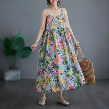 Хлопок без рукавов на бретельках больших размеров, новые винтажные платья с цветочным принтом для женщин, повседневное свободное длинное летнее платье