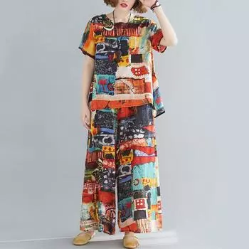 Хлопок больших размеров, винтажный летний повседневный комплект из 2 предметов, свободная футболка, женская футболка, широкие брюки L