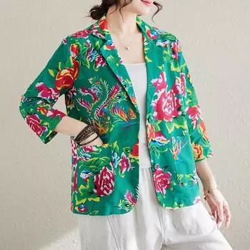 Хлопок больших размеров, женский повседневный свободный летний винтажный пиджак, куртки для женщин, одежда, пальто M зелёный
