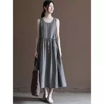 Хлопок и лен клетчатый жилет юбка круглый вырез без рукавов платье длинное платье летняя девочка M