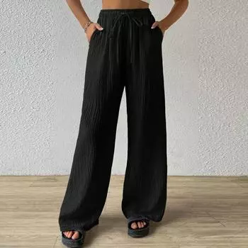 Хлопок и лен мятая модная женская одежда универсальная свободная домашняя одежда для отдыха однотонная широкая женская одежда L чёрный