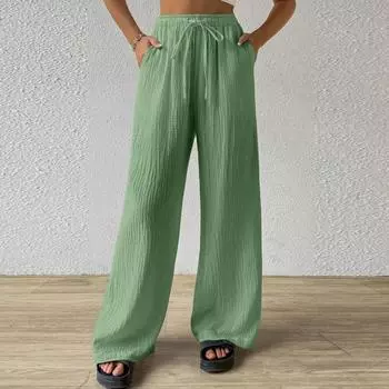 Хлопок и лен мятая модная женская одежда универсальная свободная домашняя одежда для отдыха однотонная широкая женская одежда XL зелёный