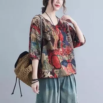Хлопковая и льняная летняя свободная футболка с рукавом три четверти для матери среднего возраста, женский ретро тонкий модный топ S