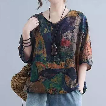 Хлопок и лен среднего возраста, летняя свободная футболка со средними рукавами, женская тонкая модная льняная футболка в стиле ретро S